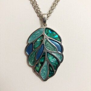 Mosaic Leaf Pendant Necklace Shades of Blue